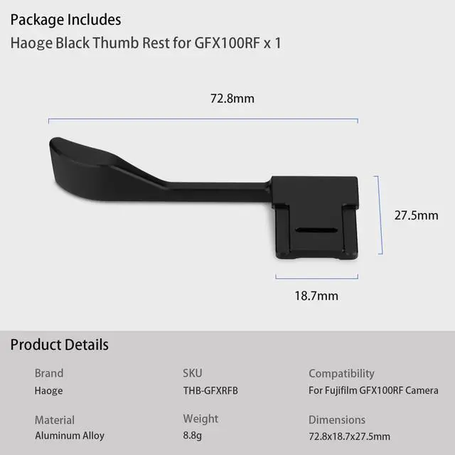 Alt view image 6 of 6 - Metal Thumb Up Grip for Fujifilm GFX100RF Camera Digital AccessoriesTHB-GFXRFB Hot Shoe Thumb Up Rest Support Handgrip Black