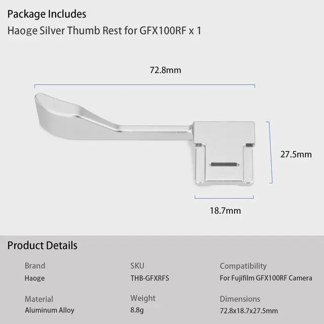 Alt view image 6 of 6 - Metal Thumb Up Grip for Fujifilm GFX100RF Camera Digital Accessories GFX 100RF Hot Shoe Thumb Up Rest Support Handgrip Silver THB-GFXRFS