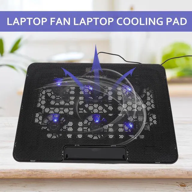 Alt view image 3 of 6 - Laptop Cooling Pad, 6 Fan Silent Cooler Stand for 15.6 in Notebook | Features blue LED lights, USB powered cooler stand with ergonomic, adjustable height, gaming, office, 14.1 x 10 inches