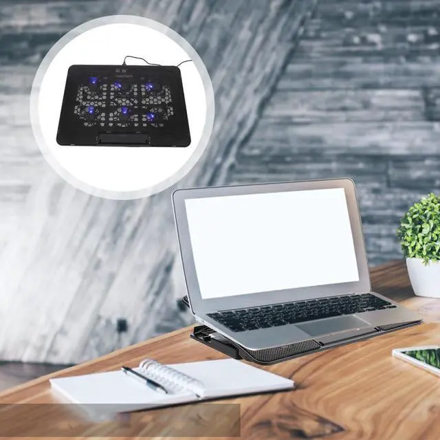 Alt view image 4 of 6 - Laptop Cooling Pad, 6 Fan Silent Cooler Stand for 15.6 in Notebook | Features blue LED lights, USB powered cooler stand with ergonomic, adjustable height, gaming, office, 14.1 x 10 inches