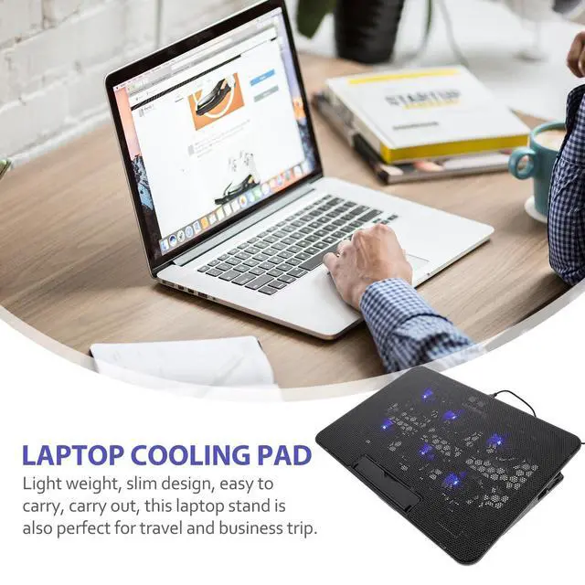 Alt view image 6 of 6 - Laptop Cooling Pad, 6 Fan Silent Cooler Stand for 15.6 in Notebook | Features blue LED lights, USB powered cooler stand with ergonomic, adjustable height, gaming, office, 14.1 x 10 inches