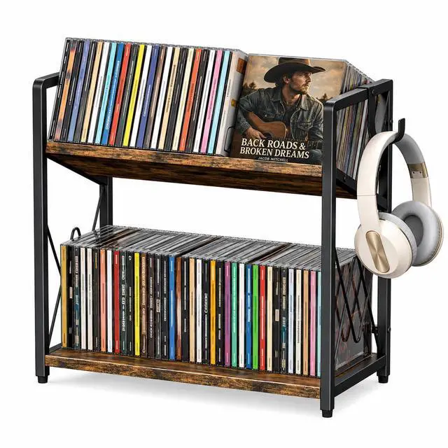 Main image of CD Storage Rack, 2-Tier CD Holder Rack, DVD Shelf Holds Store up to 80 CDs | cd display Retro Desk DVD Organizer Tower for Music Enthusiasts, Brown