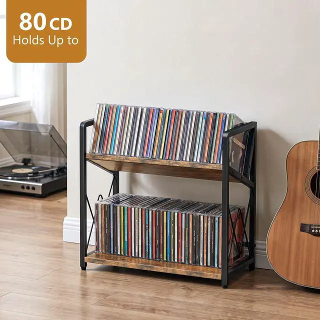 Alt view image 2 of 6 - CD Storage Rack, 2-Tier CD Holder Rack, DVD Shelf Holds Store up to 80 CDs | cd display Retro Desk DVD Organizer Tower for Music Enthusiasts, Brown