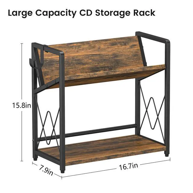 Alt view image 3 of 6 - CD Storage Rack, 2-Tier CD Holder Rack, DVD Shelf Holds Store up to 80 CDs | cd display Retro Desk DVD Organizer Tower for Music Enthusiasts, Brown