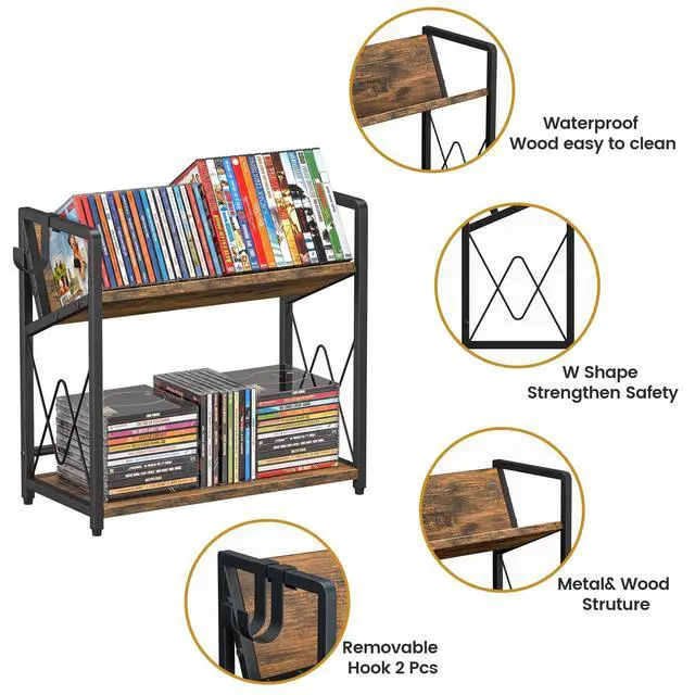 Alt view image 4 of 6 - CD Storage Rack, 2-Tier CD Holder Rack, DVD Shelf Holds Store up to 80 CDs | cd display Retro Desk DVD Organizer Tower for Music Enthusiasts, Brown