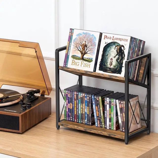 Alt view image 5 of 6 - CD Storage Rack, 2-Tier CD Holder Rack, DVD Shelf Holds Store up to 80 CDs | cd display Retro Desk DVD Organizer Tower for Music Enthusiasts, Brown