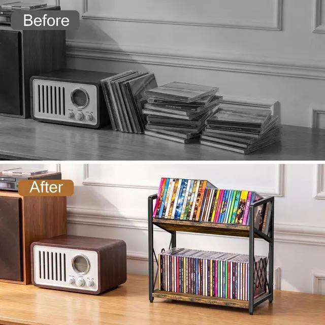 Alt view image 6 of 6 - CD Storage Rack, 2-Tier CD Holder Rack, DVD Shelf Holds Store up to 80 CDs | cd display Retro Desk DVD Organizer Tower for Music Enthusiasts, Brown