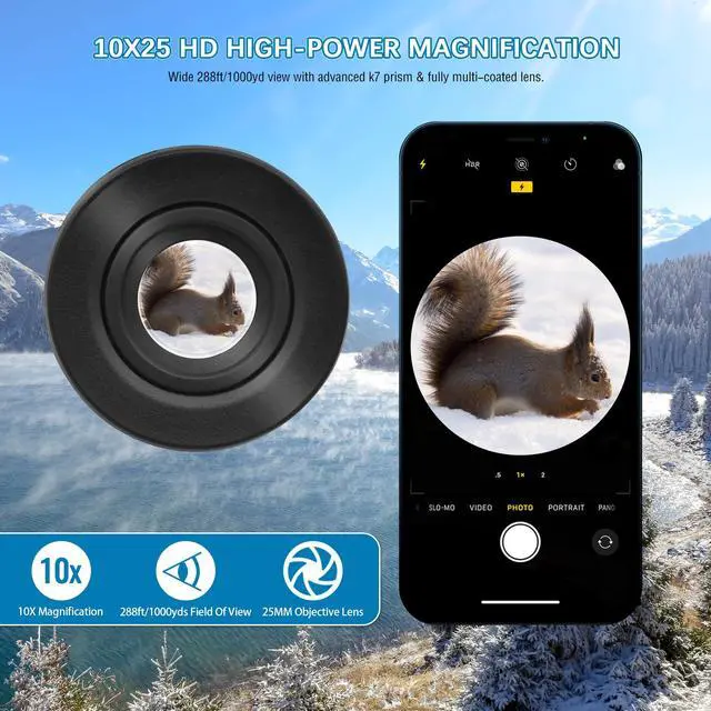 Alt view image 3 of 6 - 10x25 Waterproof Compact Monocular | High Definition Wide View, Telescope Monoculars, Comes with Cleaning Cloth, Case & Neck Strap, Black