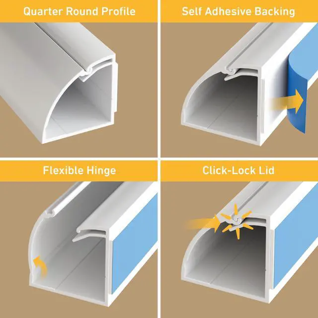 Alt view image 2 of 6 - 39" White Quarter Round Cable Raceway, Corner Cord Cover, Self-Adhesive Floor Molding with Wire Channel - 0.87" (W) x 0.87" (H) x 39in Length - White