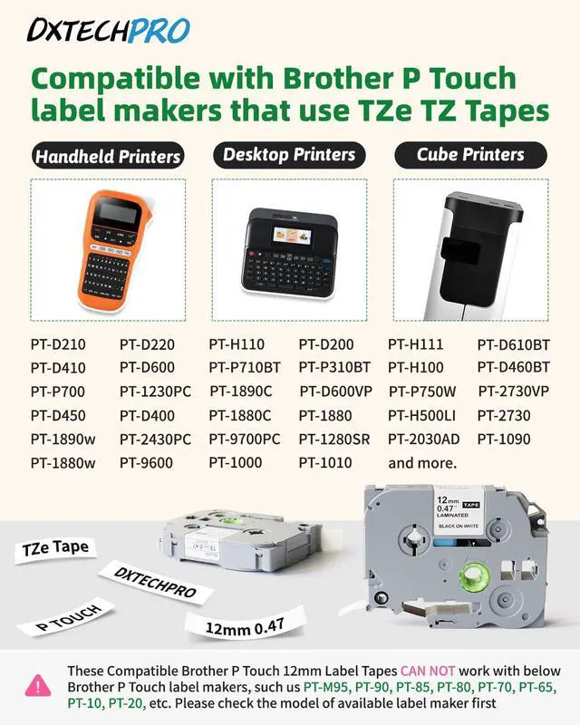Alt view image 2 of 6 - Label Maker Tape 12mm 0.47 Laminated White Tze 231 TZ Tape 5Pack | Compatible with Brother Label Maker Tape for PT-D210 D220 H111,TZE231 1/2" x 26.2,Black on White