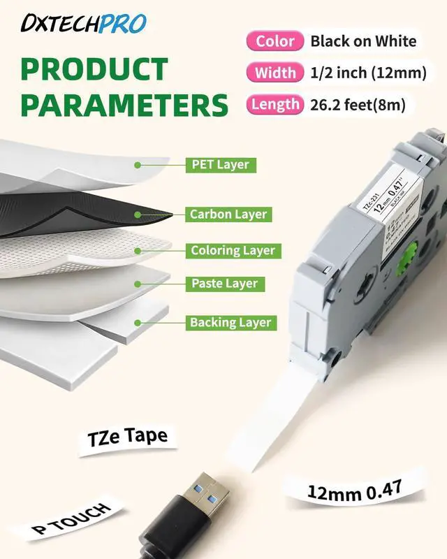 Alt view image 3 of 6 - Label Maker Tape 12mm 0.47 Laminated White Tze 231 TZ Tape 5Pack | Compatible with Brother Label Maker Tape for PT-D210 D220 H111,TZE231 1/2" x 26.2,Black on White