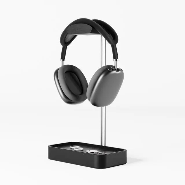 Alt view image 2 of 6 - Headphone Stand with Catchall Tray Base Premium Showpiece Headset Holder with Storage Solid Wood (Black Wood)