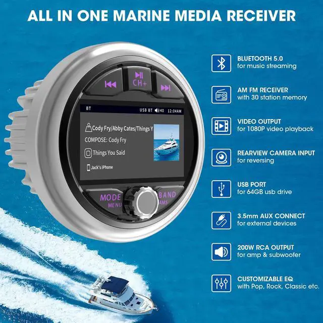 Alt view image 3 of 6 - Bluetooth Marine Gauge Radio Receiver - Waterproof Boat Stereo for ATV UTV | 3 Inch LCD Display Digital Multimedia MP5 Player USB AM FM Tuner 4 x 50 Watts Audio System