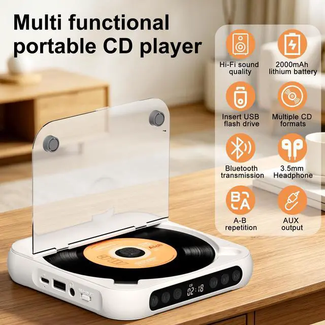 Alt view image 2 of 6 - CD Player Portable with Speakers Rechargeable for Home Audio Book with Headphones LCD Screen, Small Kids CD Players Bluetooth for Car Shockproof Support CD/AUX/USB (White)