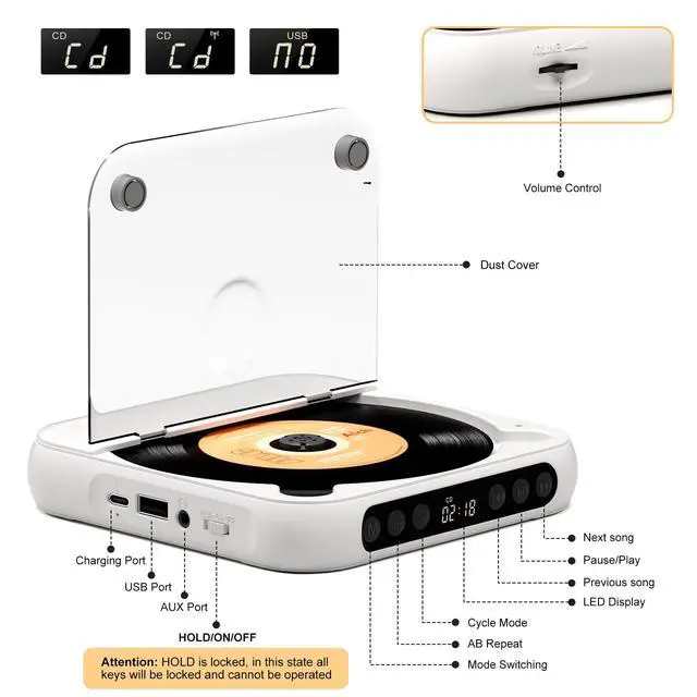 Alt view image 3 of 6 - CD Player Portable with Speakers Rechargeable for Home Audio Book with Headphones LCD Screen, Small Kids CD Players Bluetooth for Car Shockproof Support CD/AUX/USB (White)