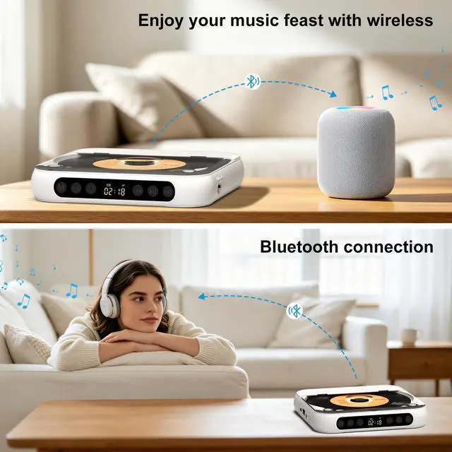 Alt view image 4 of 6 - CD Player Portable with Speakers Rechargeable for Home Audio Book with Headphones LCD Screen, Small Kids CD Players Bluetooth for Car Shockproof Support CD/AUX/USB (White)