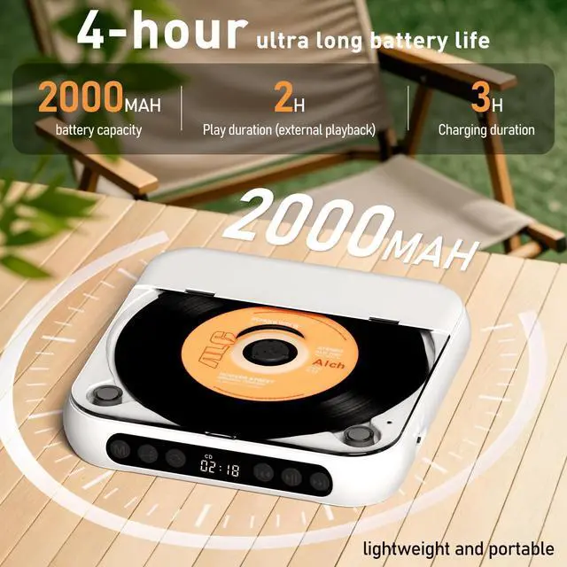 Alt view image 5 of 6 - CD Player Portable with Speakers Rechargeable for Home Audio Book with Headphones LCD Screen, Small Kids CD Players Bluetooth for Car Shockproof Support CD/AUX/USB (White)