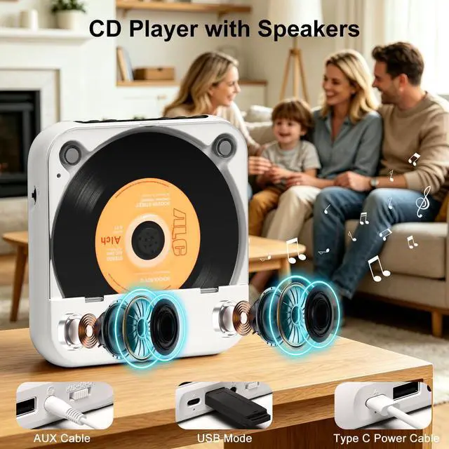 Alt view image 6 of 6 - CD Player Portable with Speakers Rechargeable for Home Audio Book with Headphones LCD Screen, Small Kids CD Players Bluetooth for Car Shockproof Support CD/AUX/USB (White)