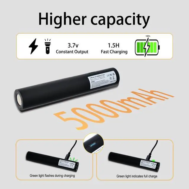 Alt view image 2 of 6 - 2-Packs 75175 Rechargeable Battery 5000mAh for Streamlight Stinger | Compatible with Streamlight Stinger 75525 75810 75375 75300 75500 76000 76300, PolyStinger, Pelican M9, FL126 Flashlight