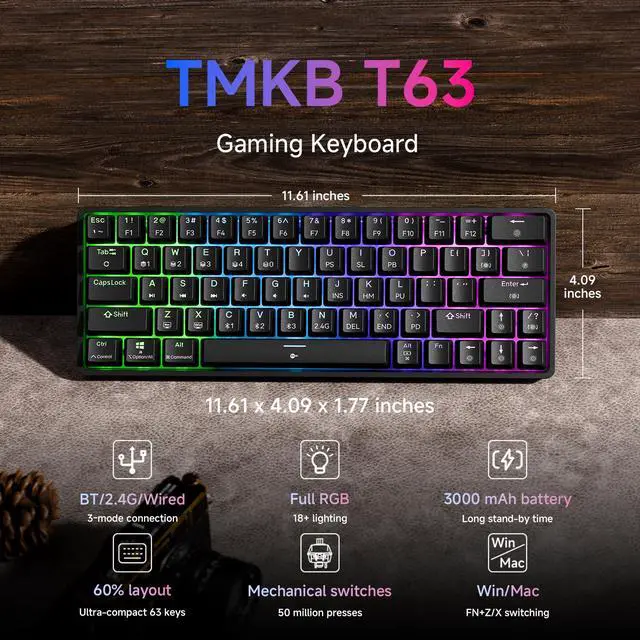 Alt view image 2 of 6 - TMKB T63 Gaming Keyboard, 60% Wireless Mechanical Keyboard with Bluetooth/2.4G/Type-C, Compact 63 Keys Anti-Ghosting, RGB Backlight, Clicky Blue Switch - Black