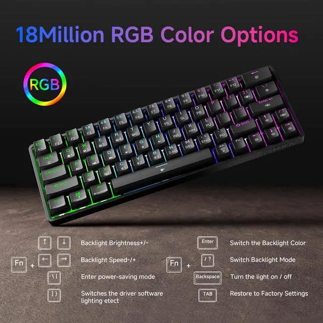 Alt view image 5 of 6 - TMKB T63 Gaming Keyboard, 60% Wireless Mechanical Keyboard with Bluetooth/2.4G/Type-C, Compact 63 Keys Anti-Ghosting, RGB Backlight, Clicky Blue Switch - Black