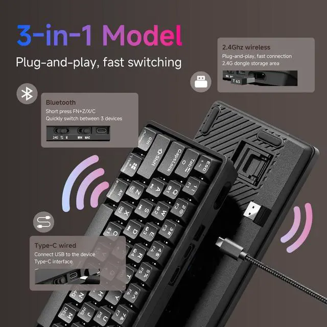 Alt view image 6 of 6 - TMKB T63 Gaming Keyboard, 60% Wireless Mechanical Keyboard with Bluetooth/2.4G/Type-C, Compact 63 Keys Anti-Ghosting, RGB Backlight, Clicky Blue Switch - Black
