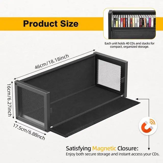 Alt view image 2 of 6 - CD Storage Box Case Rack Fits 40 CDs Small Space (Black, 1 PCS) | Sturdy metal construction, Black classic wood-grain front, Dual magnets on front flap, Non-slip pad, for Tower and Cabinet