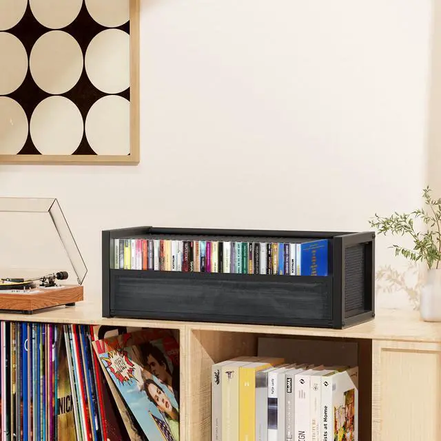 Alt view image 5 of 6 - CD Storage Box Case Rack Fits 40 CDs Small Space (Black, 1 PCS) | Sturdy metal construction, Black classic wood-grain front, Dual magnets on front flap, Non-slip pad, for Tower and Cabinet