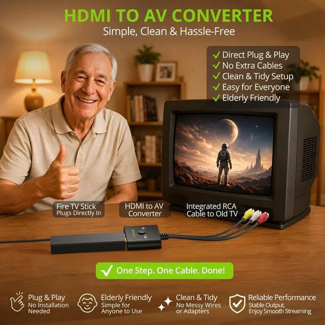 Alt view image 2 of 6 - HDMI Female to RCA Converter with Integrated RCA Cable, HDMI to AV Adapter for Fire Stick, Roku, Chromecast, Supports 1080P NTSC/PAL, Plug and Play for Old TV