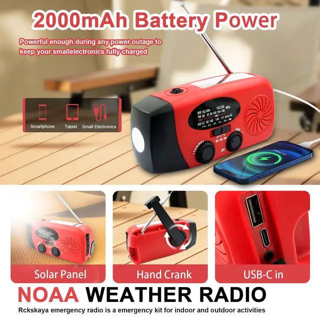 Alt view image 2 of 6 - Hand Crank Emergency Radio, AM/FM/NOAA Weather Radio Solar Power | 2000mAh Battery Operated, Fast USB Charging, Bright LED Flashlight, Loud SOS Alarm,Portable for Camping Hiking Survival Kit