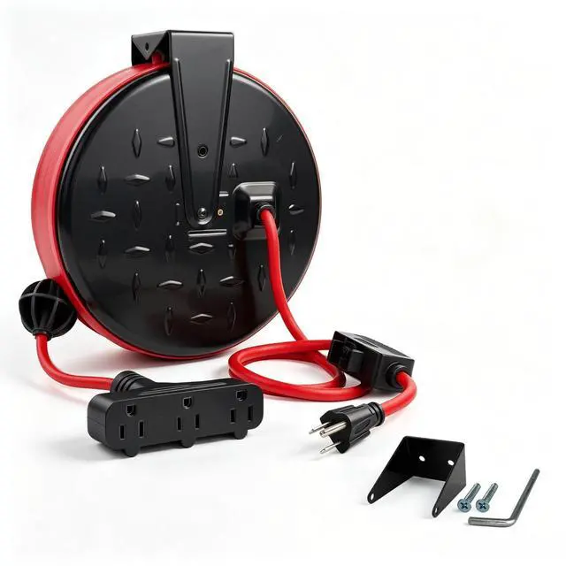Main image of 16/3 Gauge Retractable Extension Cord Reel 30 FT, 3 Outlets | Retractable Power Cord, 10A Circuit Breaker, Wall or Ceiling Mountable for Garage, Workshop, UL Listed, Red