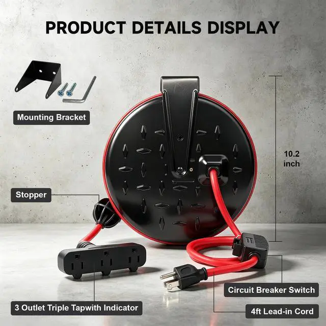 Alt view image 2 of 6 - 16/3 Gauge Retractable Extension Cord Reel 30 FT, 3 Outlets | Retractable Power Cord, 10A Circuit Breaker, Wall or Ceiling Mountable for Garage, Workshop, UL Listed, Red