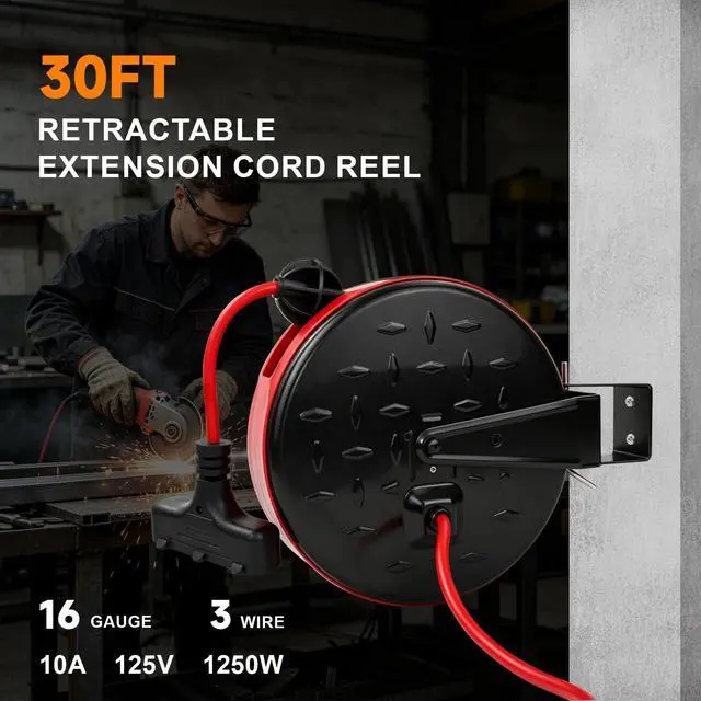 Alt view image 3 of 6 - 16/3 Gauge Retractable Extension Cord Reel 30 FT, 3 Outlets | Retractable Power Cord, 10A Circuit Breaker, Wall or Ceiling Mountable for Garage, Workshop, UL Listed, Red