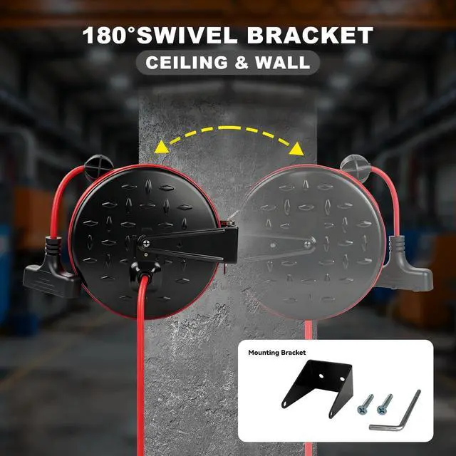 Alt view image 6 of 6 - 16/3 Gauge Retractable Extension Cord Reel 30 FT, 3 Outlets | Retractable Power Cord, 10A Circuit Breaker, Wall or Ceiling Mountable for Garage, Workshop, UL Listed, Red
