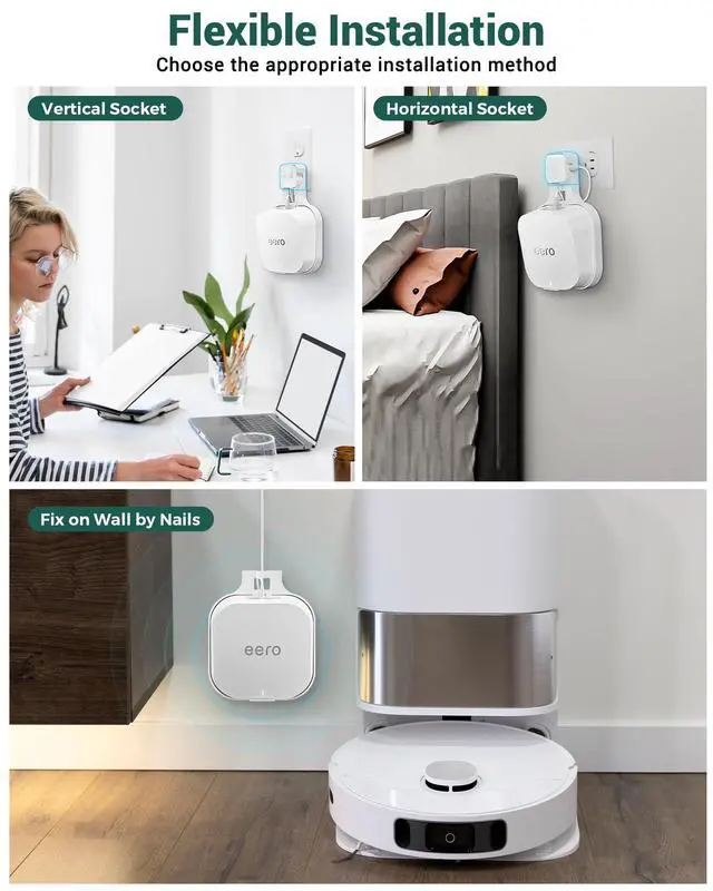 Alt view image 4 of 6 - Wall Mount Shelf for eero 7 Wi-Fi Mesh System, White, 1 Pack | Plug-in or Screw-Mount Outlet Holder Bracket, Space Saving Stand with Cable Management, Drill-Free Sturdy Router Hanger