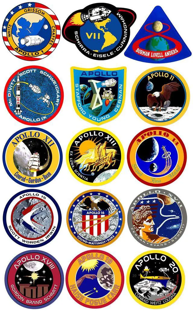 Main image of Sheet of All 15: Small Apollo Mission Stickers (1.5 inch Tall) Vinyl Decal Set NASA Space Shuttle Cell Laptop Scrapbook USA Made