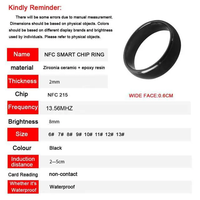 Alt view image 3 of 6 - Waterproof Ceramic NFC Ring, NFC Forum Type 2 215 496 Bytes Chip Universal for Mobile Phone, All-Round Sensing Technology Wearable Smart Ring, Fasion Ring for Men or Women (9#, Black)