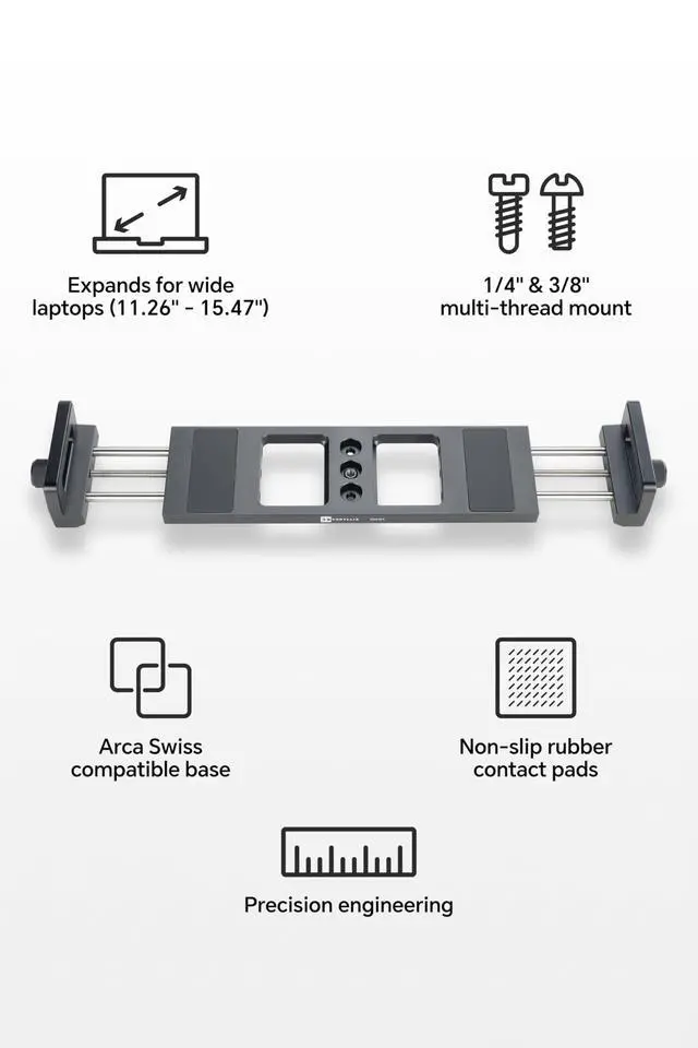 Alt view image 2 of 6 - CH-01 Laptop Tripod Mount, Adjustable Laptop Holder with Arca Swiss Plate | 1/4" & 3/8" Screw Holes, Anti-Slip Rubber Pad, Fits 11.26" to 15.47" Wide Laptops for Recording, Streaming & Studio Use