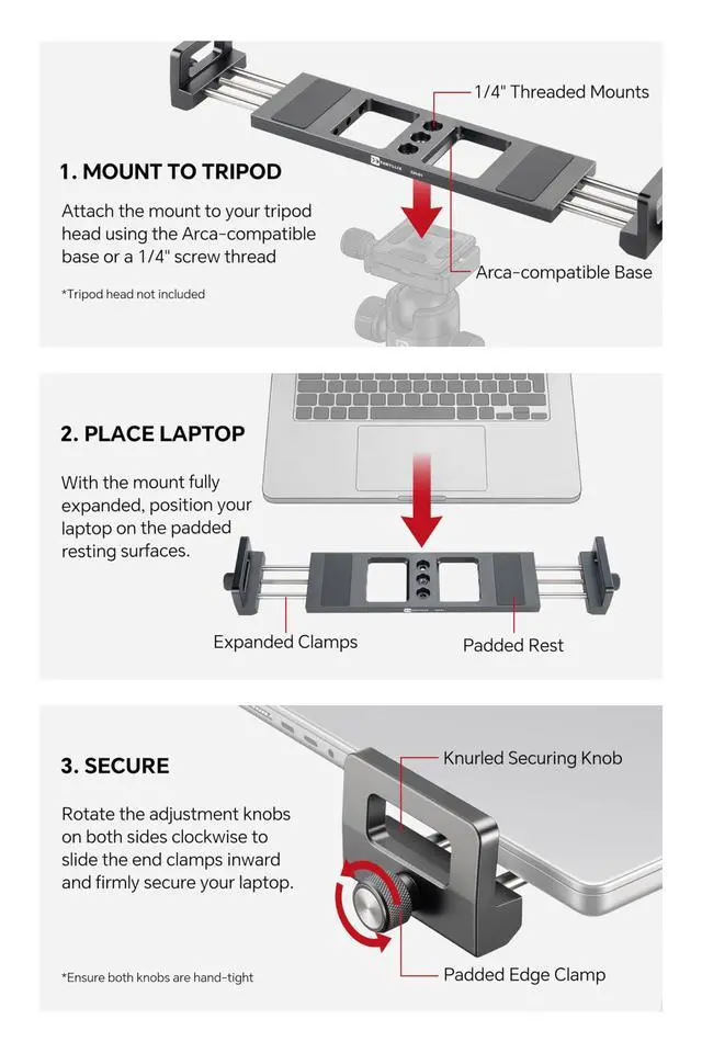 Alt view image 4 of 6 - CH-01 Laptop Tripod Mount, Adjustable Laptop Holder with Arca Swiss Plate | 1/4" & 3/8" Screw Holes, Anti-Slip Rubber Pad, Fits 11.26" to 15.47" Wide Laptops for Recording, Streaming & Studio Use
