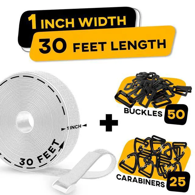 Alt view image 3 of 6 - Hook and Loop Cable Straps 30 Feet with 50 Bucklets and 25 Carabineres, Reusable Fastening Cable Ties, Wire Management Securing Strap for Cable Tidy, Wire Management, Multi-Purpose Cord Organizer