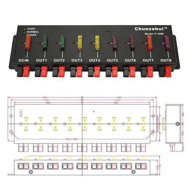 Alt view image 6 of 6 - F-1008 Horizontal 9 Port 40A Connector Power Splitter Distributor Source Strip, 1 Input and 8 Output