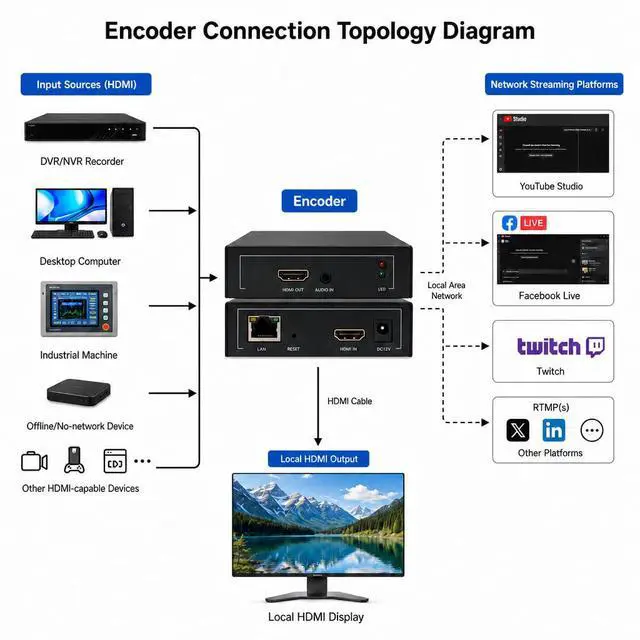 Alt view image 2 of 6 - 1080P60 HDMI Encoder for Live Streaming, H.264 Video Encoder with SRT, RTMP, RTSP, HLS, UDP Multicast and ONVIF, HDMI Loop Out, IPTV Encoder Compatible with YouTube, Facebook Live and Twitch