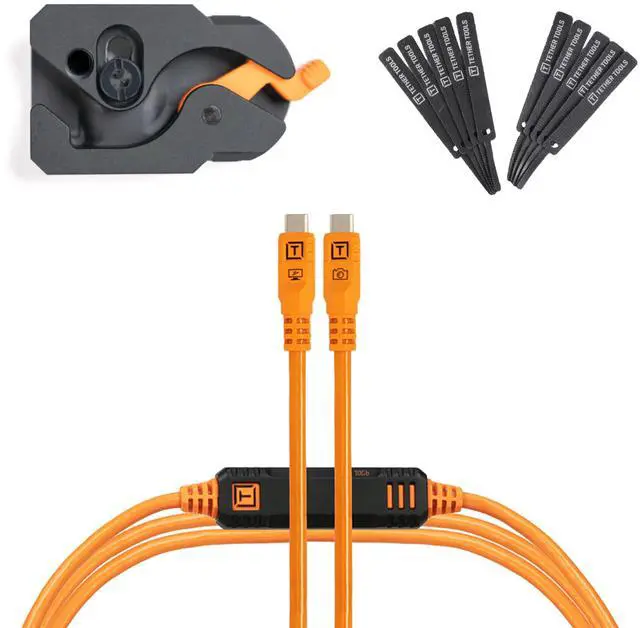 Main image of TetherGuard LeverLock Tripod Plate - Camera Port Protection | TetherPro Optima 10G 15ft (4.6m) High-Speed USB-C to USB-C Straight to Straight High-Visibility Orange