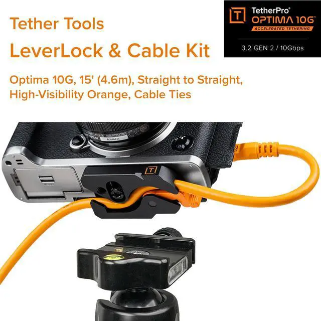 Alt view image 2 of 6 - TetherGuard LeverLock Tripod Plate - Camera Port Protection | TetherPro Optima 10G 15ft (4.6m) High-Speed USB-C to USB-C Straight to Straight High-Visibility Orange