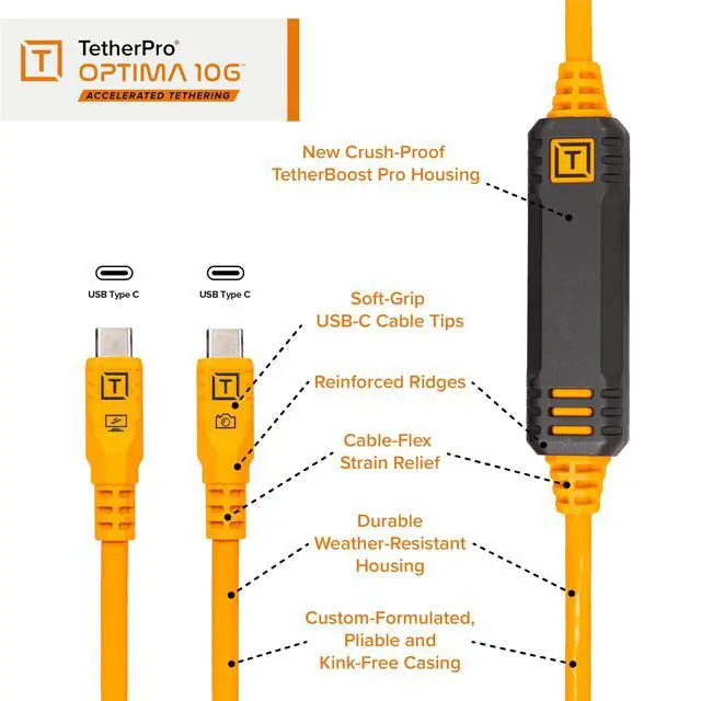 Alt view image 4 of 6 - TetherGuard LeverLock Tripod Plate - Camera Port Protection | TetherPro Optima 10G 15ft (4.6m) High-Speed USB-C to USB-C Straight to Straight High-Visibility Orange