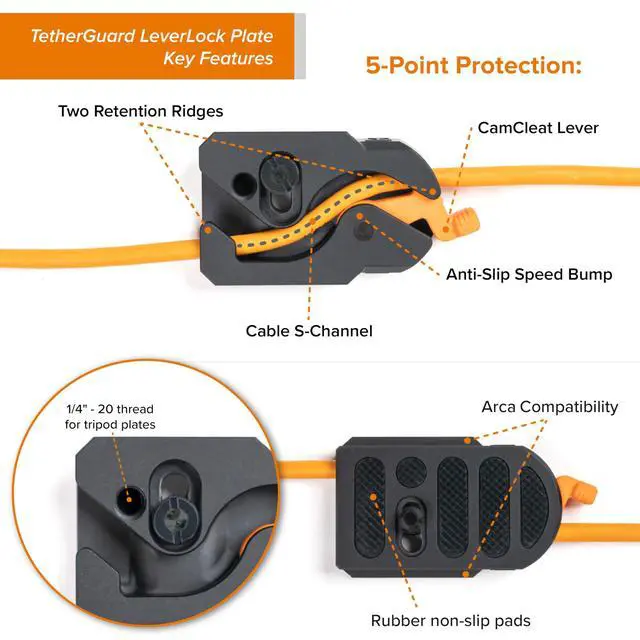 Alt view image 6 of 6 - TetherGuard LeverLock Tripod Plate - Camera Port Protection | TetherPro Optima 10G 15ft (4.6m) High-Speed USB-C to USB-C Straight to Straight High-Visibility Orange