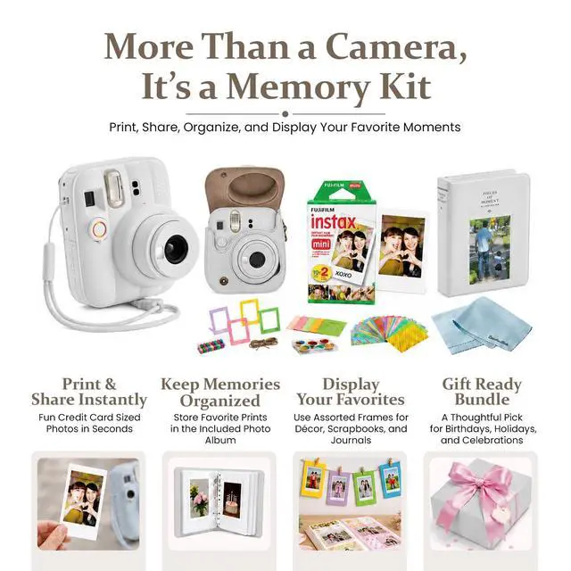 Alt view image 2 of 5 - instax Mini 13 Clay White Instant Camera Bundle with 20 Sheets instax Mini Film, Carrying Case, Photo Album, Assorted Photo Frames & BluebirdSales Microfiber Cleaning Cloth