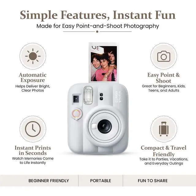 Alt view image 3 of 5 - instax Mini 13 Clay White Instant Camera Bundle with 20 Sheets instax Mini Film, Carrying Case, Photo Album, Assorted Photo Frames & BluebirdSales Microfiber Cleaning Cloth