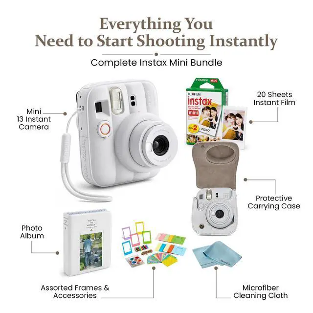 Alt view image 4 of 5 - instax Mini 13 Clay White Instant Camera Bundle with 20 Sheets instax Mini Film, Carrying Case, Photo Album, Assorted Photo Frames & BluebirdSales Microfiber Cleaning Cloth