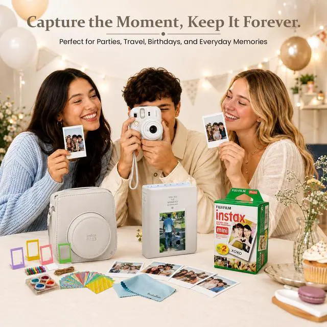 Alt view image 5 of 5 - instax Mini 13 Clay White Instant Camera Bundle with 20 Sheets instax Mini Film, Carrying Case, Photo Album, Assorted Photo Frames & BluebirdSales Microfiber Cleaning Cloth